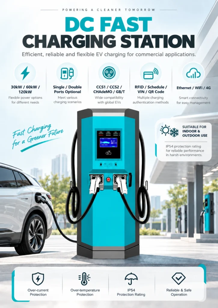 Huada JS-DC DC fast charging station product details with 30kW 60kW 120kW options and CCS1 CCS2 connectors