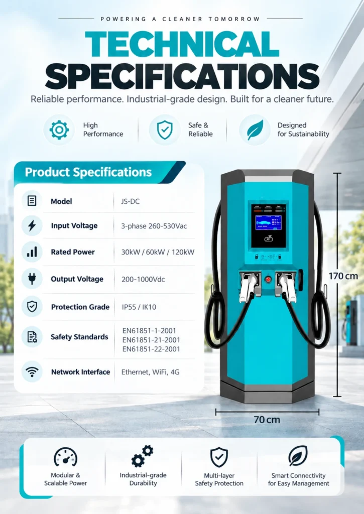 Huada JS-DC DC fast charging station product details with 30kW 60kW 120kW options and CCS1 CCS2 connectors