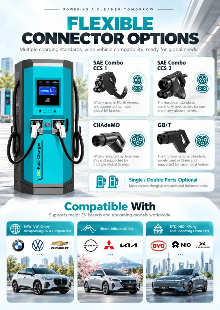 Huada JS-DC DC fast charging station product details with 30kW 60kW 120kW options and CCS1 CCS2 connectors
