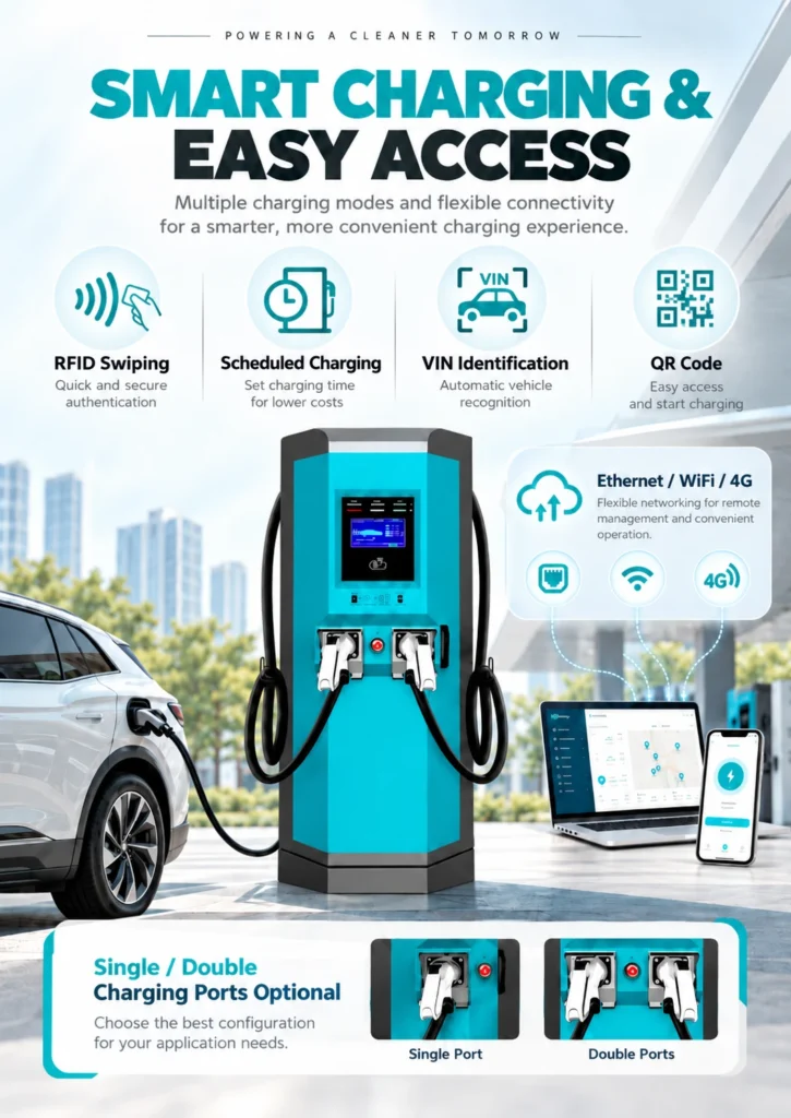 Huada JS-DC DC fast charging station product details with 30kW 60kW 120kW options and CCS1 CCS2 connectors