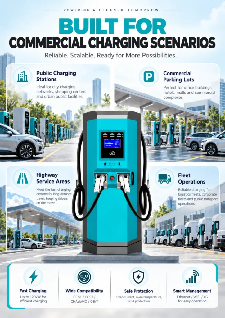 Huada JS-DC DC fast charging station product details with 30kW 60kW 120kW options and CCS1 CCS2 connectors