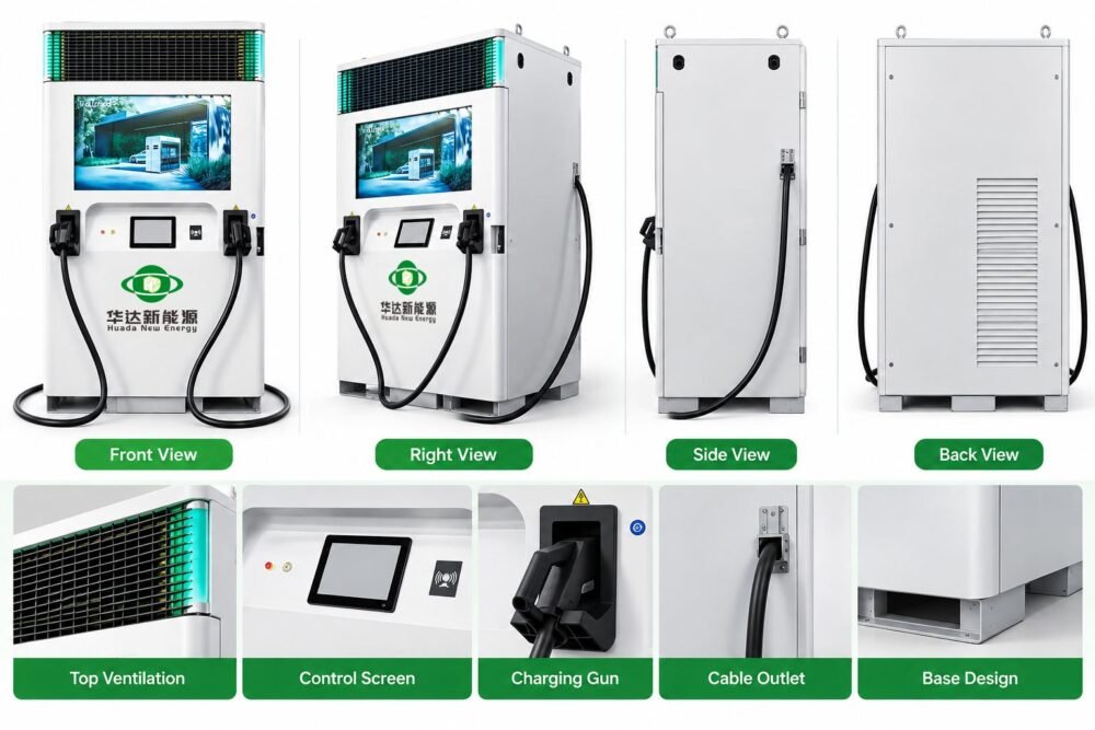 H096 193kWh off-grid EV charging station multi-view with dual charging guns and detail shots