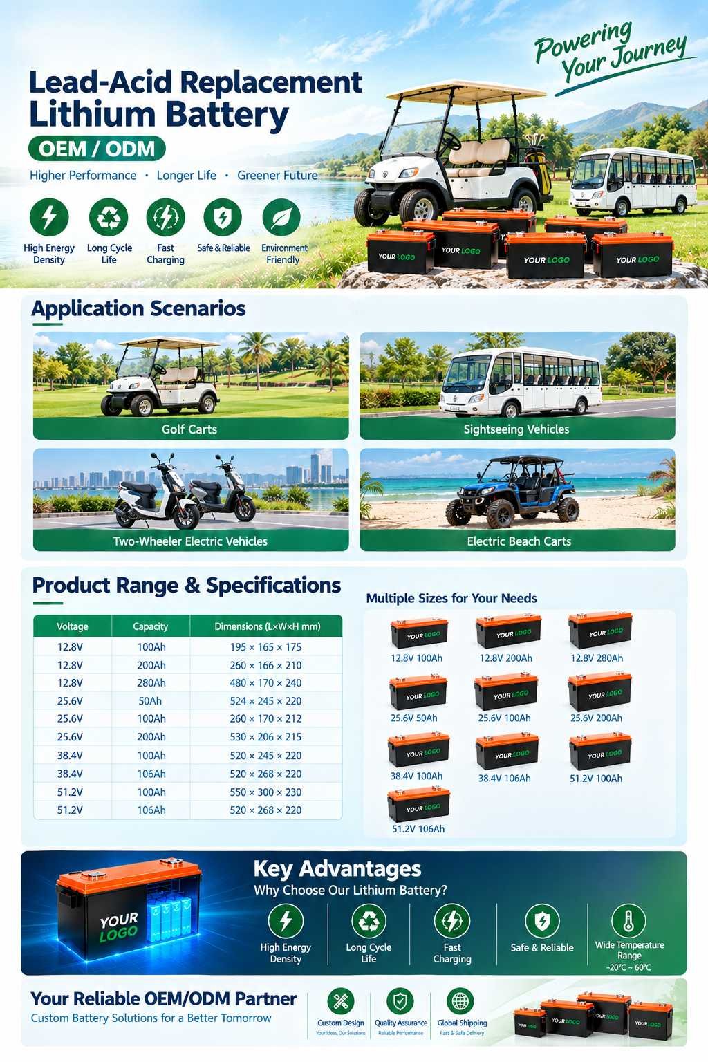 OEM/ODM Lithium Battery 51.2V 105Ah LiFePO4 Golf Cart Battery specification poster