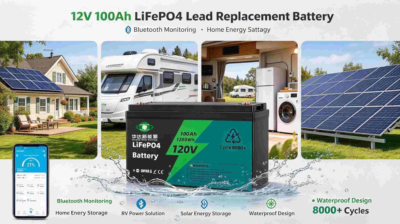 12V 100Ah Bluetooth LiFePO4 battery, lead acid replacement lithium battery, application scenarios for home solar storage, RV, marine, waterproof design, mobile APP battery monitoring