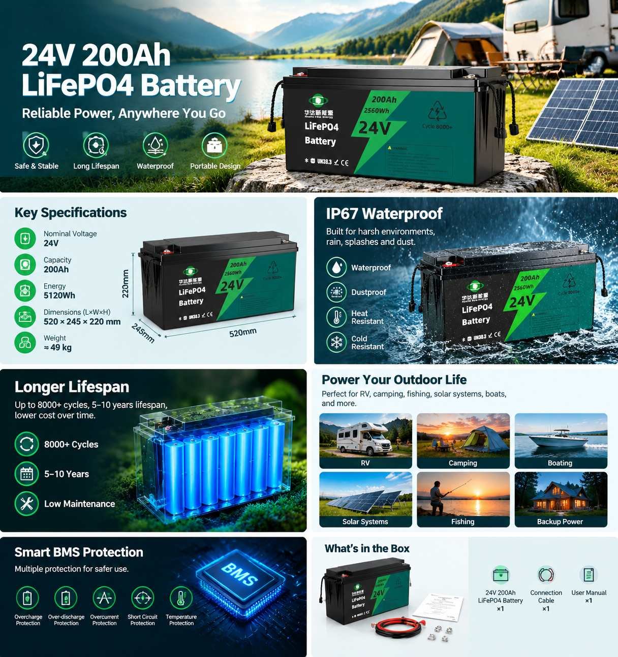 Huada 24V 200Ah LiFePO4-Batterie Detail-Infografik, Produktmerkmale, Spezifikationen und Anwendungsszenarien für Solar-, Wohnmobil- und netzunabhängige Energiespeicherung