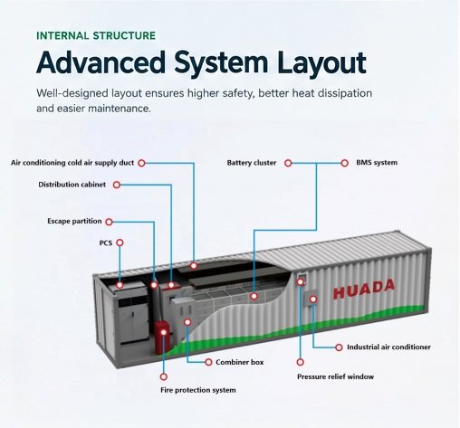 Advanced system layout inside the H098 3MWh container: battery clusters, BMS, PCS, distribution cabinet, fire protection and liquid cooling