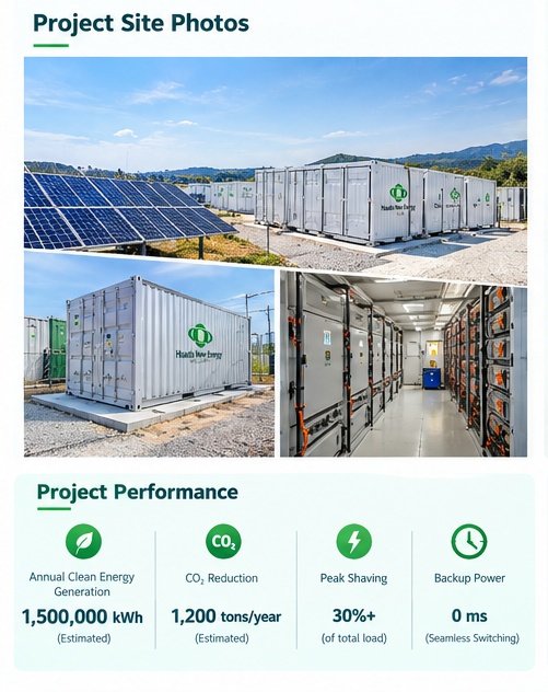 1MWh photovoltaic plus energy storage project site photos and performance: annual clean energy generation, CO2 reduction, peak shaving and backup power