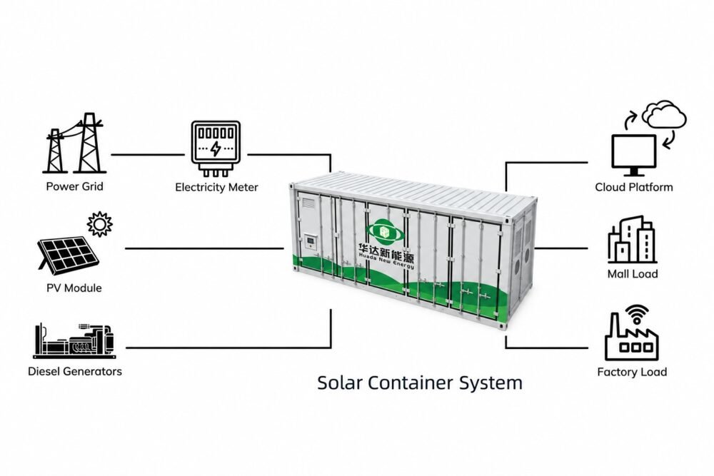 Schéma du système conteneurisé solaire avec réseau photovoltaïque et groupe électrogène diesel
