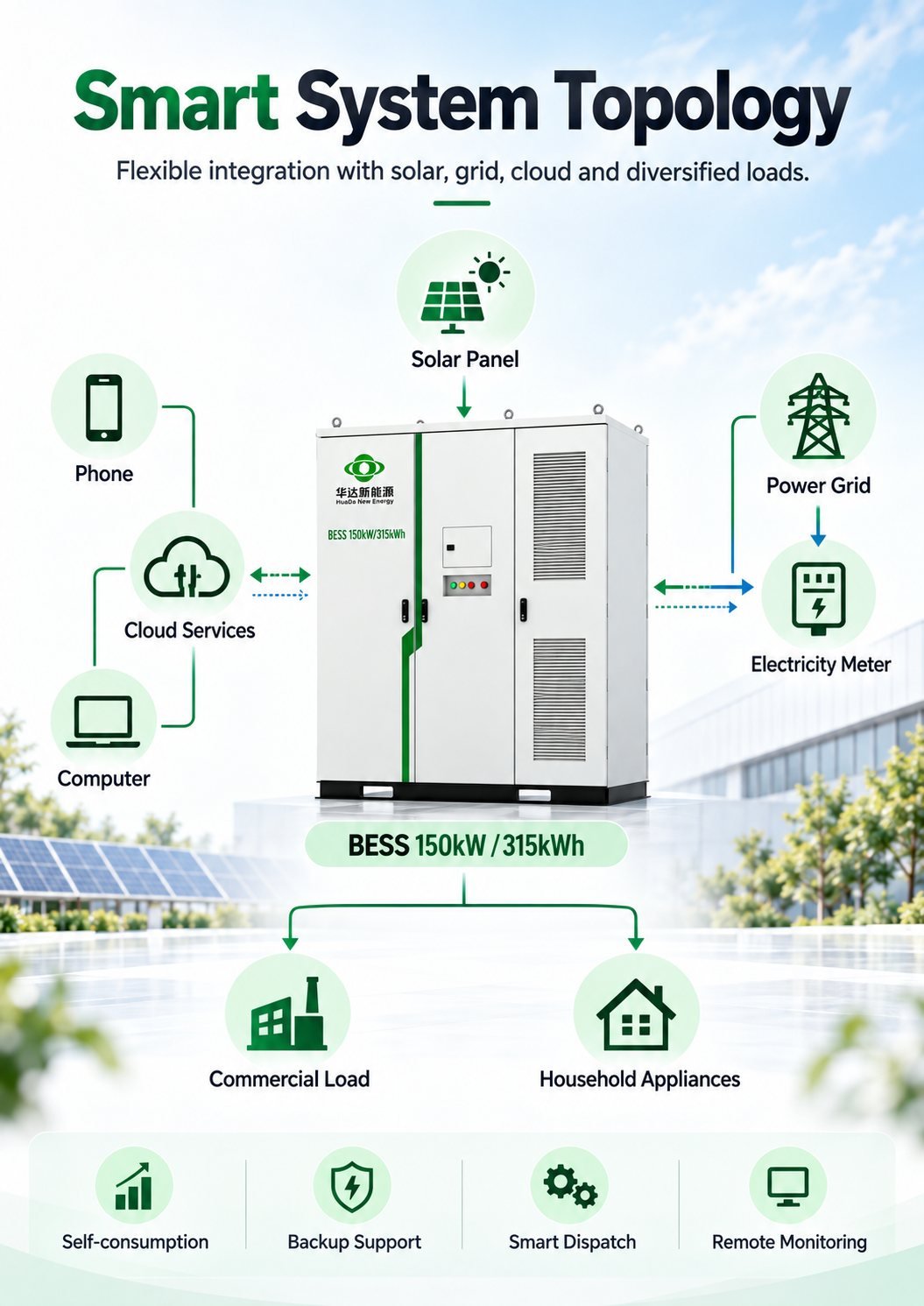H098 315kWh battery energy storage system smart topology with solar, grid, cloud and loads