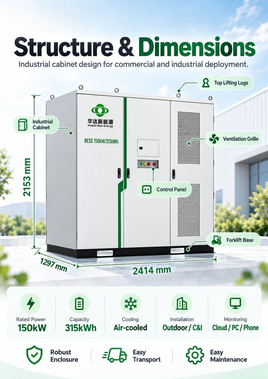 H098 315kWh battery energy storage system industrial cabinet design for C&I deployment