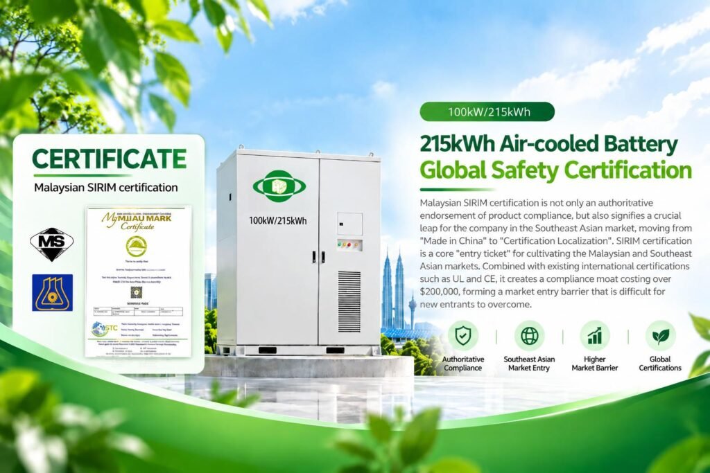 Batteria raffreddata ad aria da 215kWh con potenza nominale di 100kW certificata secondo lo standard malese SIRIM