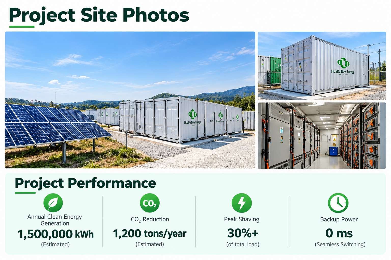 Fotos e desempenho do local do projeto fotovoltaico mais armazenamento de energia de 1MWh: geração anual de energia limpa, redução de CO2, peak shaving e energia de reserva