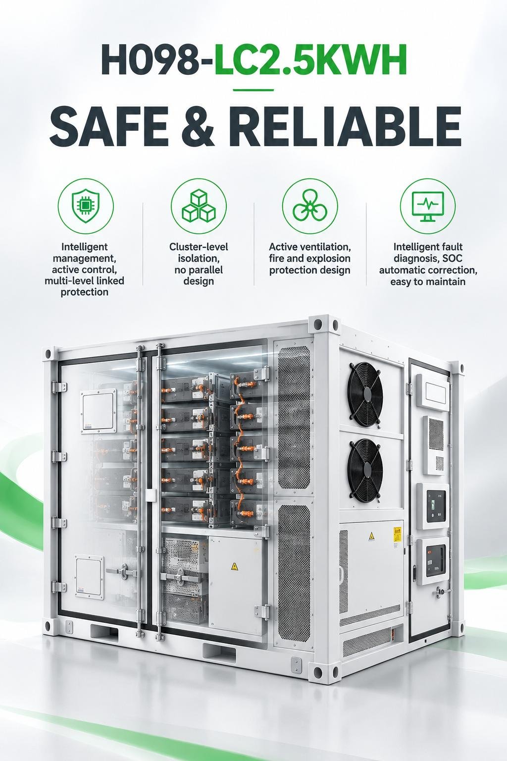 H098-LC2.5KWH sicuro e affidabile: protezione intelligente attiva multilivello interconnessa, isolamento a livello di cluster, protezione antincendio e antiesplosione, diagnosi intelligente dei guasti