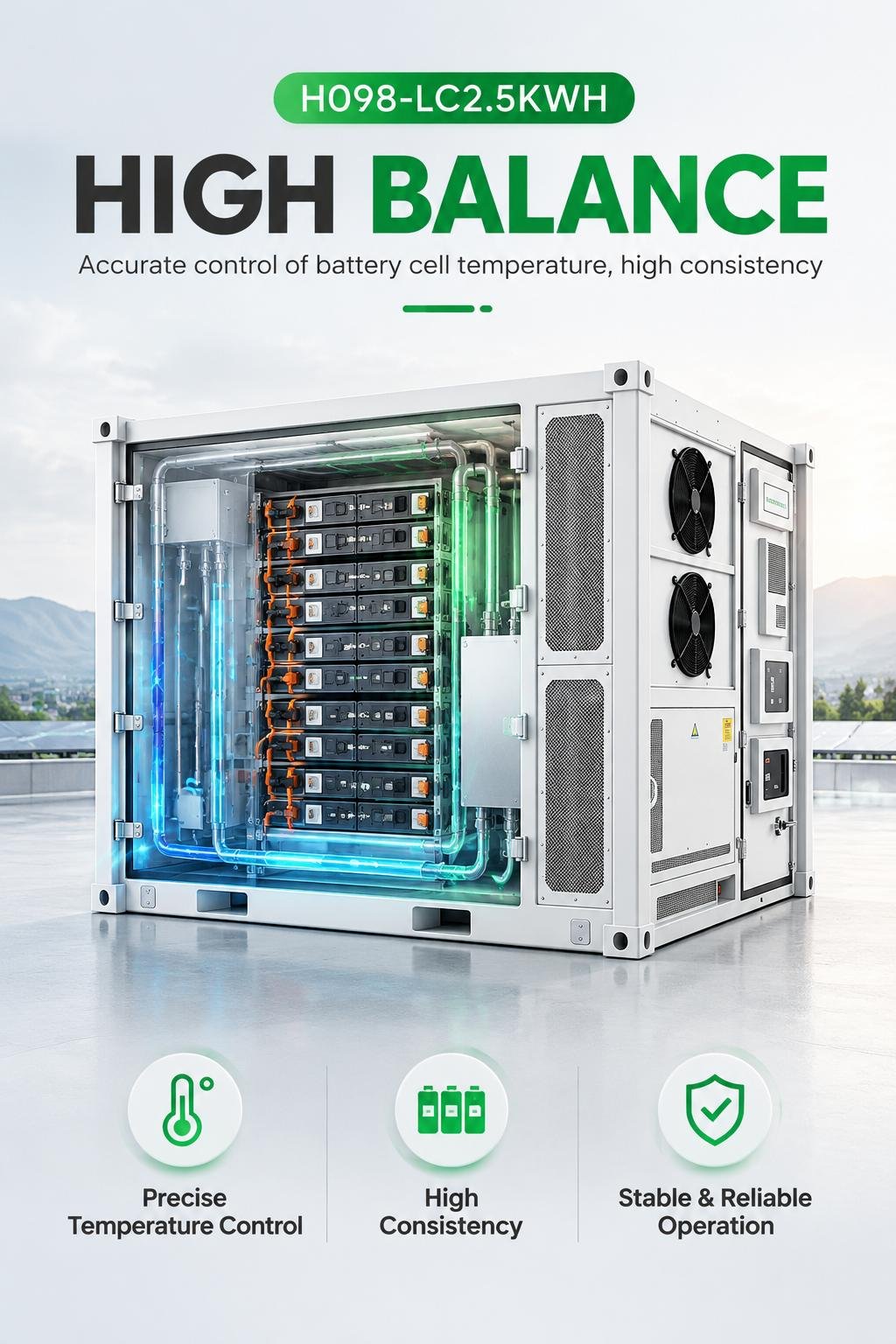 H098-LC2.5KWH alto bilanciamento: controllo accurato della temperatura delle celle con raffreddamento a liquido per un'elevata consistenza, controllo preciso della temperatura, funzionamento stabile e affidabile