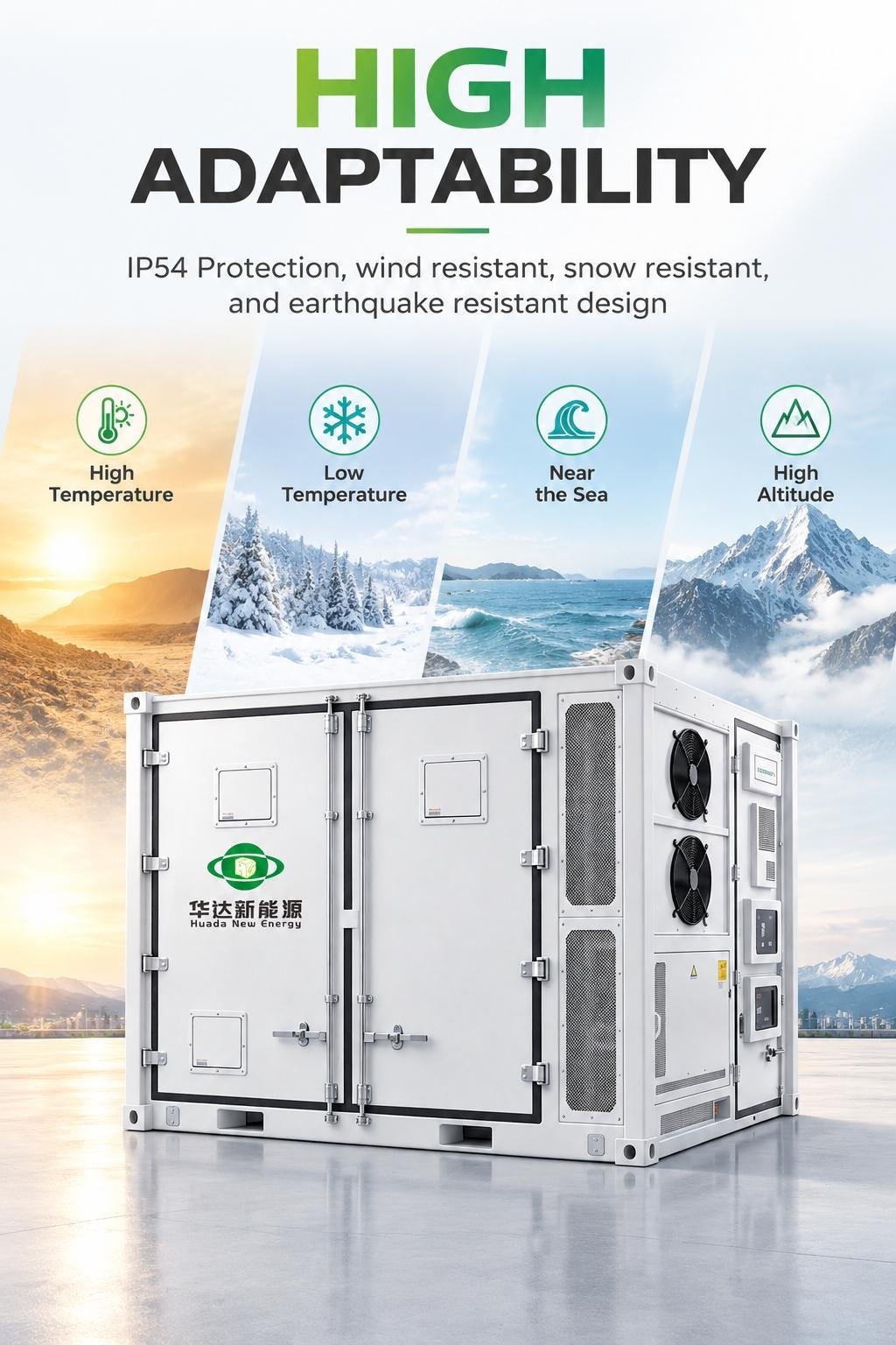 H098-LC2.5KWH alta adattabilità: protezione IP54, design resistente al vento, alla neve e ai terremoti per siti ad alta temperatura, bassa temperatura, in prossimità del mare e ad alta altitudine